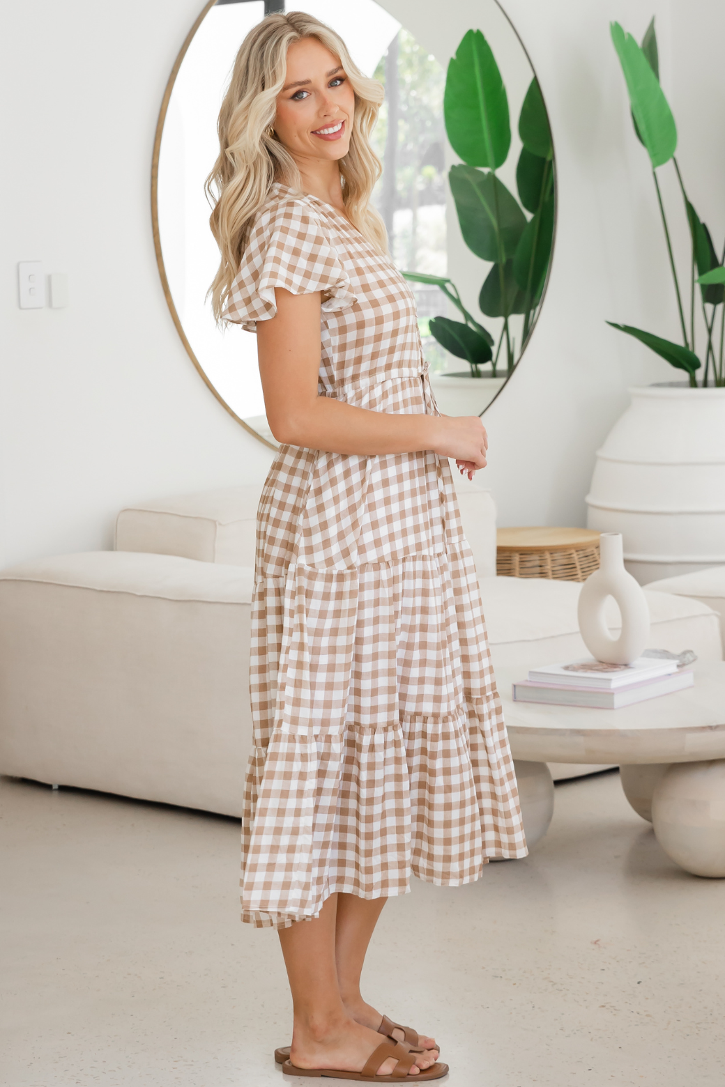 Bonnie Midi Dress Gingham Print Latte