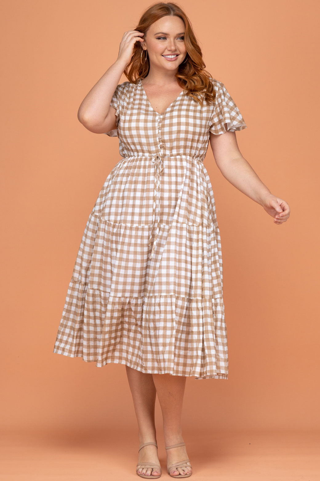 Bonnie Midi Dress Gingham Print Latte