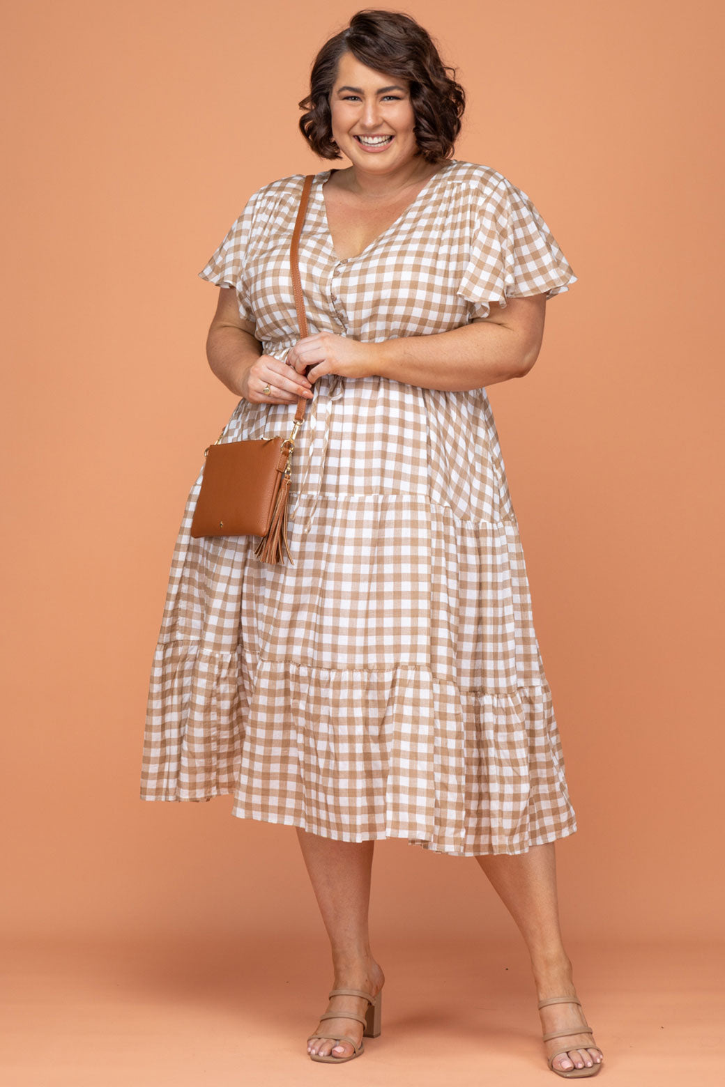 Bonnie Midi Dress Gingham Print Latte