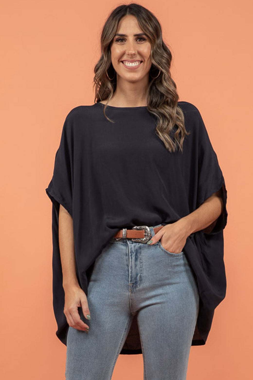 Brodie Drape Top Navy Orange Sherbet Tops Orange Sherbet